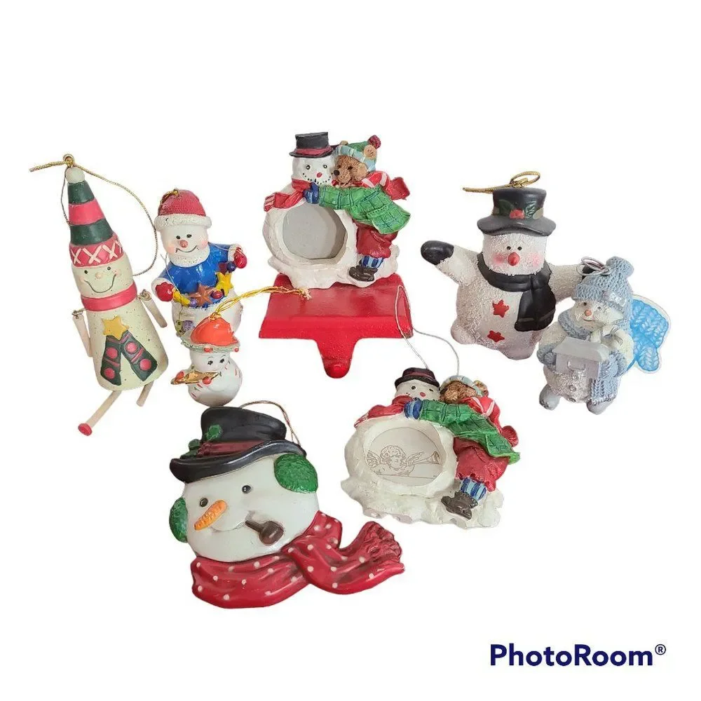 Vintage Winter Snowman Christmas Ornaments and Stocking Hanger Bundle of 8